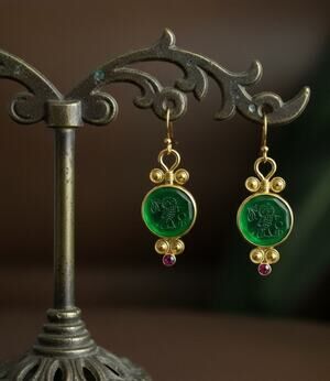 Museum Intaglio Owl Earrings Bird Gold CZ VTG Ancient Greek Antique Boho Carved
